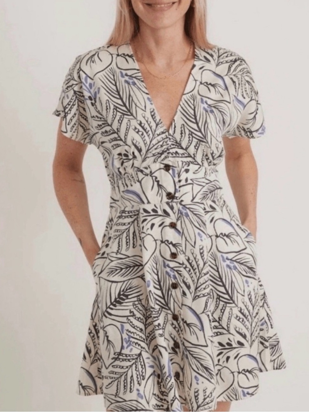 Marine Layer White Floral Print Mini Dress with Black & Light Blue Details
